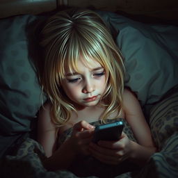 A detailed image of a girl with dirty blonde hair crying in a leopard print bed in the dark, while texting on her phone.