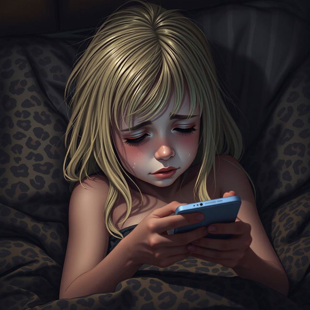 A detailed image of a girl with dirty blonde hair crying in a leopard print bed in the dark, while texting on her phone.