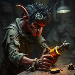 A male goblin artificer with dark red skin, a long nose, and messy black hair, set in steampunk times