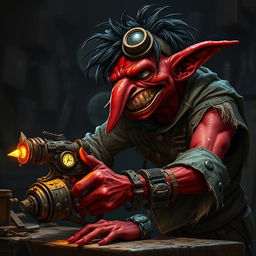 A male goblin artificer with dark red skin, a long nose, and messy black hair, set in steampunk times