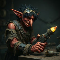 A male goblin artificer with dark red skin, a long nose, and messy black hair, set in steampunk times