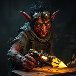 A male goblin artificer with dark red skin, a long nose, and messy black hair, set in steampunk times