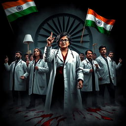 A powerful and dramatic image depicting doctors protesting for justice for a lady doctor who was raped and murdered in India