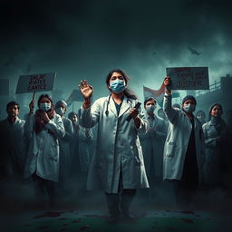 A powerful and dramatic image depicting doctors protesting for justice for a lady doctor who was raped and murdered in India