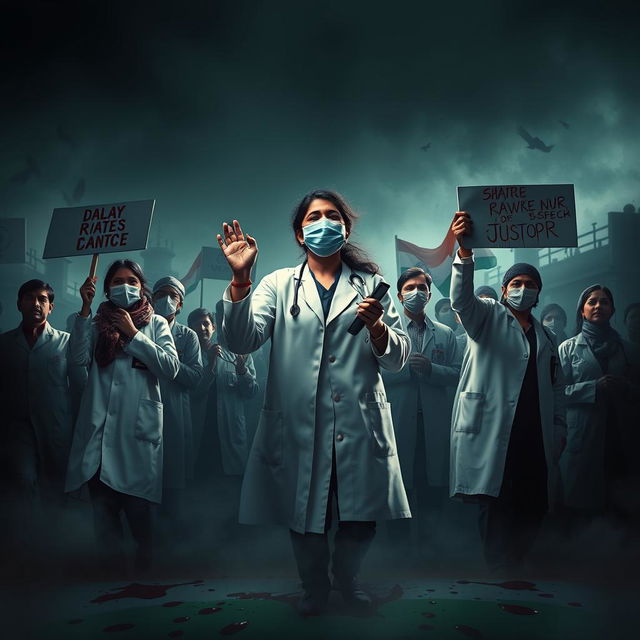 A powerful and dramatic image depicting doctors protesting for justice for a lady doctor who was raped and murdered in India