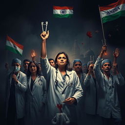 A powerful and dramatic image depicting doctors protesting for justice for a lady doctor who was raped and murdered in India