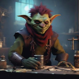 A male goblin artificer with dark red skin, a big nose, and messy hair, set in steampunk times