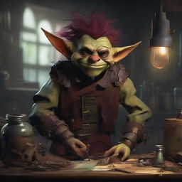 A male goblin artificer with dark red skin, a big nose, and messy hair, set in steampunk times