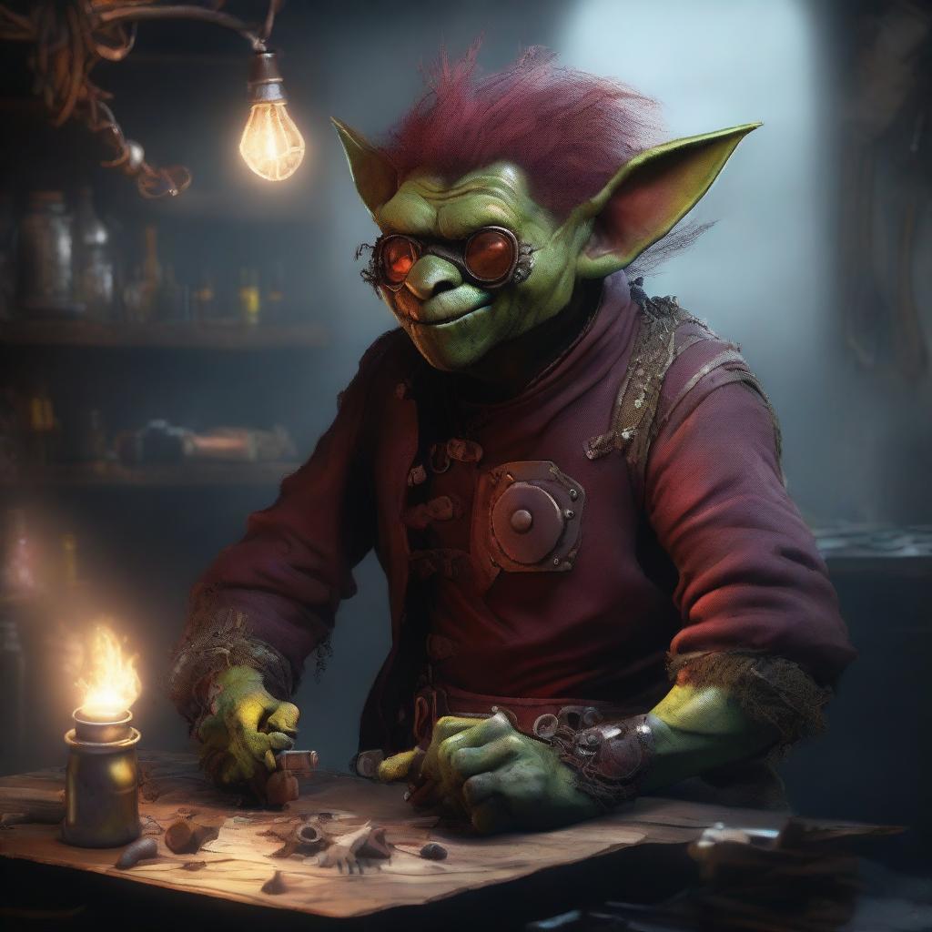 A male goblin artificer with dark red skin, a big nose, and messy hair, set in steampunk times