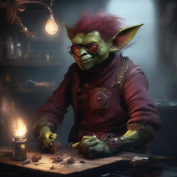 A male goblin artificer with dark red skin, a big nose, and messy hair, set in steampunk times