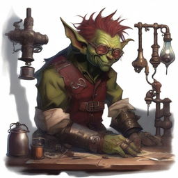 A male goblin artificer with dark red skin, a big nose, and messy hair, set in steampunk times