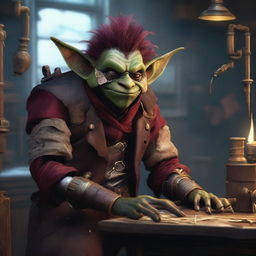 A male goblin artificer with dark red skin, a big nose, and messy hair, set in steampunk times