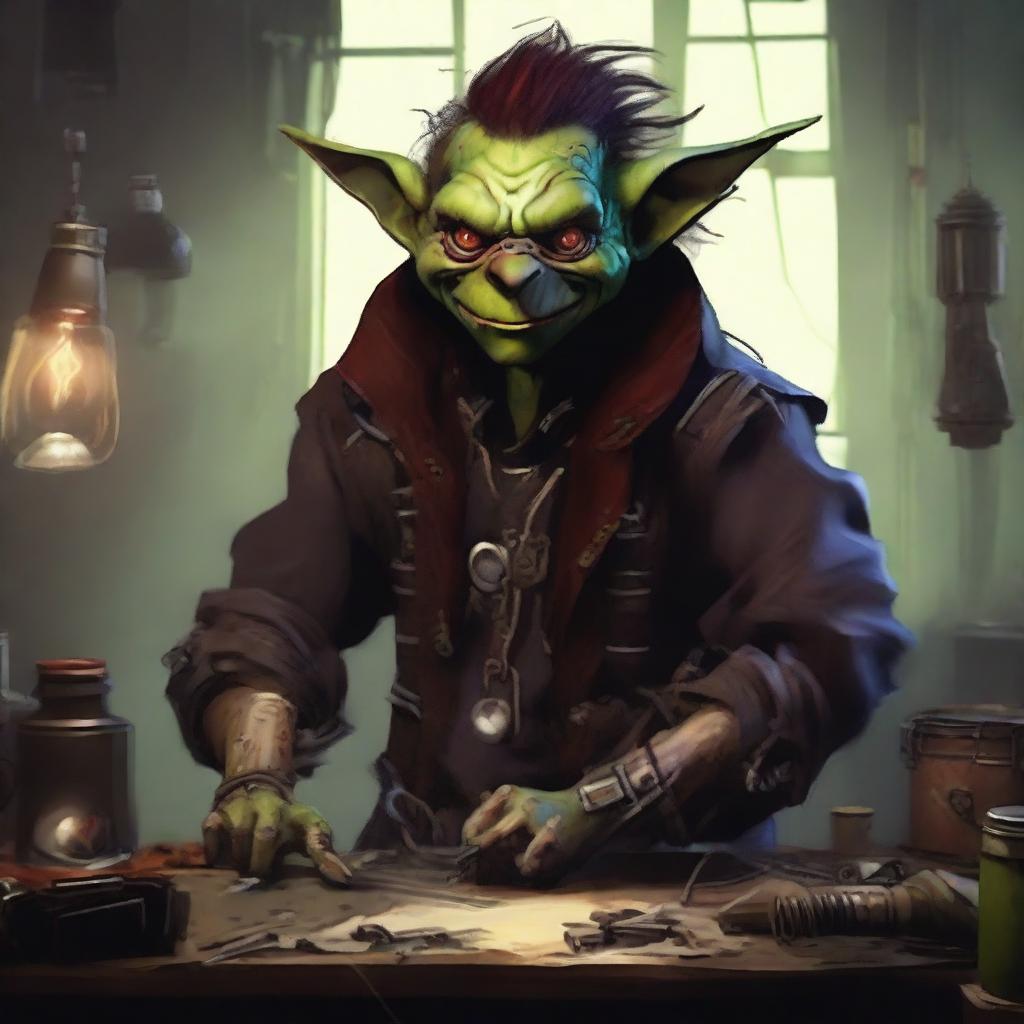 A male goblin artificer with dark red skin, a big nose, and messy hair, set in steampunk times