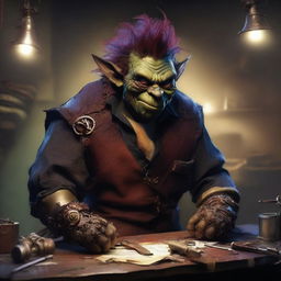 A male goblin artificer with dark red skin, a big nose, and messy hair, set in steampunk times