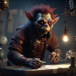 A male goblin artificer with dark red skin, a big nose, and messy hair, set in steampunk times