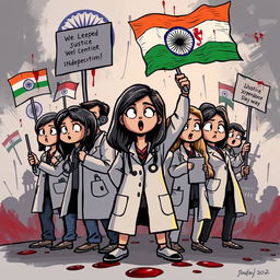 A powerful and dramatic cartoon-style sketch depicting doctors protesting for justice for a lady doctor who was raped and murdered in India