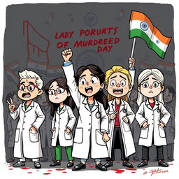 A powerful and dramatic cartoon-style sketch depicting doctors protesting for justice for a lady doctor who was raped and murdered in India