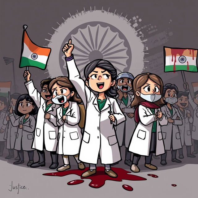 A powerful and dramatic cartoon-style sketch depicting doctors protesting for justice for a lady doctor who was raped and murdered in India