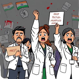 A powerful and dramatic cartoon-style sketch depicting doctors protesting for justice for a lady doctor who was raped and murdered in India