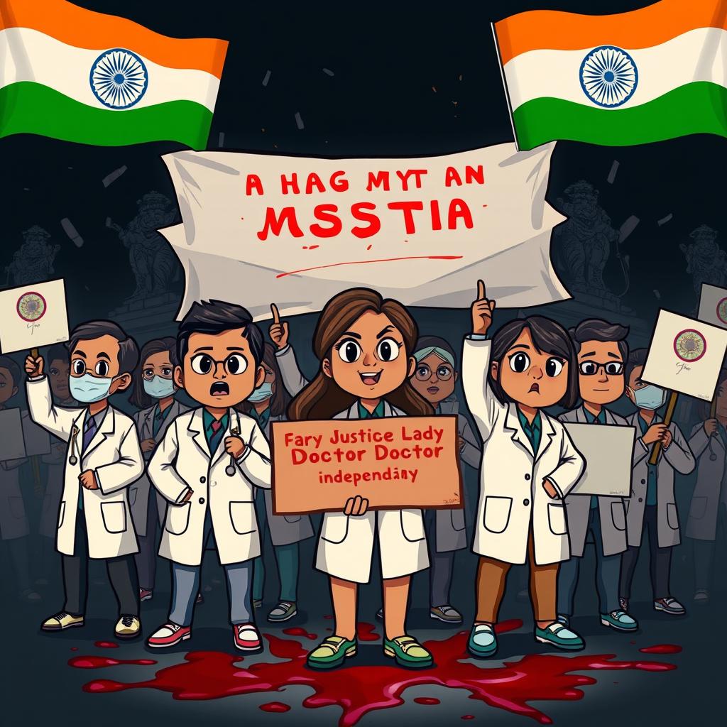 A powerful and dramatic cartoon-style image depicting doctors protesting for justice for a lady doctor who was raped and murdered in India