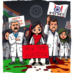 A powerful and dramatic cartoon-style image depicting doctors protesting for justice for a lady doctor who was raped and murdered in India