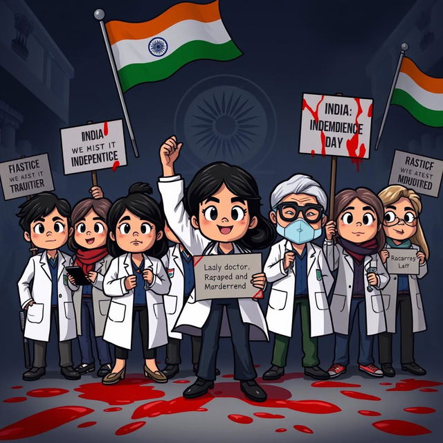 A powerful and dramatic cartoon-style image depicting doctors protesting for justice for a lady doctor who was raped and murdered in India