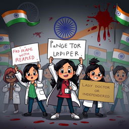 A powerful and dramatic cartoon-style image depicting doctors protesting for justice for a lady doctor who was raped and murdered in India