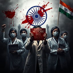 A powerful and dramatic image depicting doctors protesting for justice for a lady doctor who was raped and murdered in India