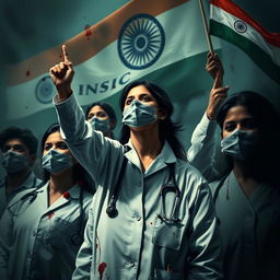 A powerful and dramatic image depicting doctors protesting for justice for a lady doctor who was raped and murdered in India