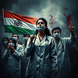 A powerful and dramatic image depicting doctors protesting for justice for a lady doctor who was raped and murdered in India