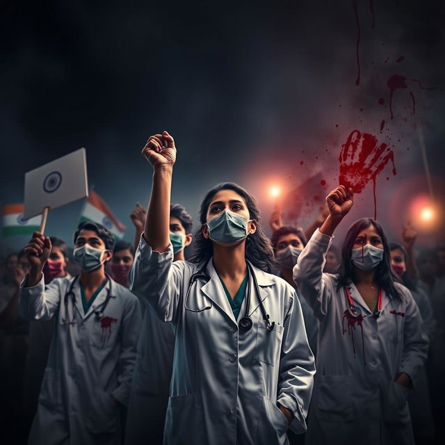 A powerful and dramatic image depicting doctors protesting for justice for a lady doctor who was raped and murdered in India