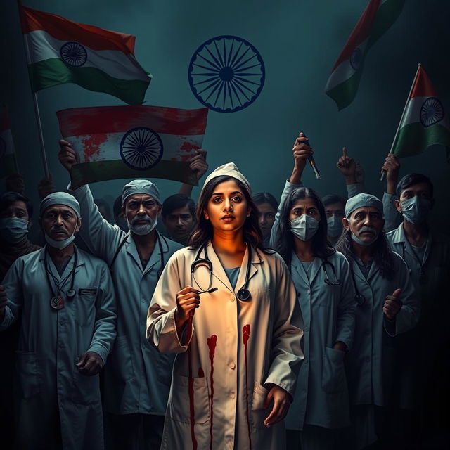 A powerful and dramatic image depicting doctors protesting for justice for a lady doctor who was raped and murdered in India