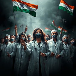 A powerful and dramatic image depicting doctors protesting for justice for a lady doctor who was raped and murdered in India