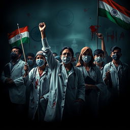 A powerful and dramatic image depicting doctors protesting for justice for a lady doctor who was raped and murdered in India