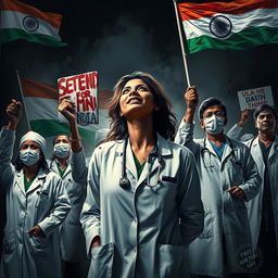 A powerful and dramatic image depicting doctors protesting for justice for a lady doctor who was raped and murdered in India