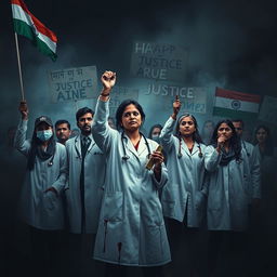 A highly dramatic and intense image showing doctors protesting for justice for a lady doctor who was raped and murdered in India