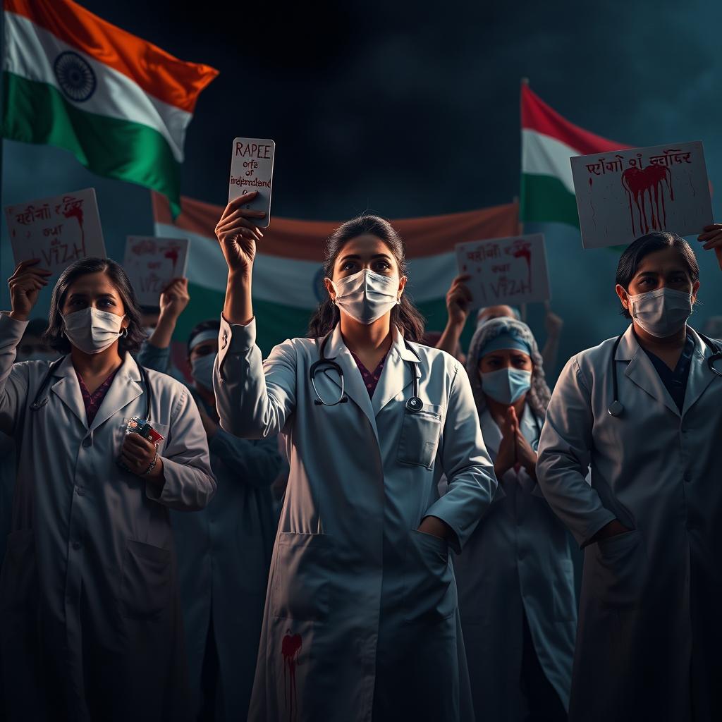 A highly dramatic and intense image showing doctors protesting for justice for a lady doctor who was raped and murdered in India