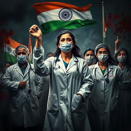 A highly dramatic and intense image showing doctors protesting for justice for a lady doctor who was raped and murdered in India