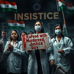 A highly dramatic and intense image showing doctors protesting for justice for a lady doctor who was raped and murdered in India