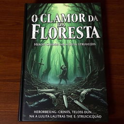 A dramatic book cover titled 'O Clamor da Floresta: Heróis Caídos na Luta Contra a Destruição'