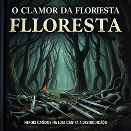 A dramatic book cover titled 'O Clamor da Floresta: Heróis Caídos na Luta Contra a Destruição'