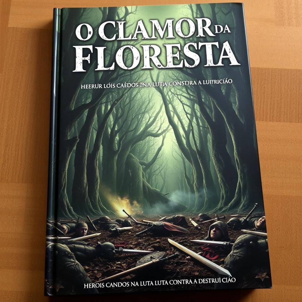 A dramatic book cover titled 'O Clamor da Floresta: Heróis Caídos na Luta Contra a Destruição'