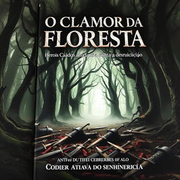 A dramatic book cover titled 'O Clamor da Floresta: Heróis Caídos na Luta Contra a Destruição'