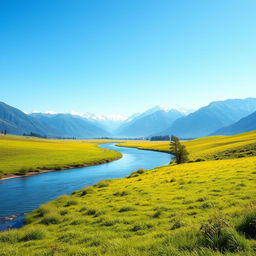 A beautiful, serene landscape featuring a clear blue sky, lush green meadows, and a calm river flowing through the scene