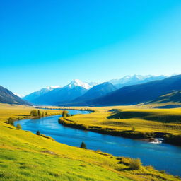 A beautiful, serene landscape featuring a clear blue sky, lush green meadows, and a calm river flowing through the scene