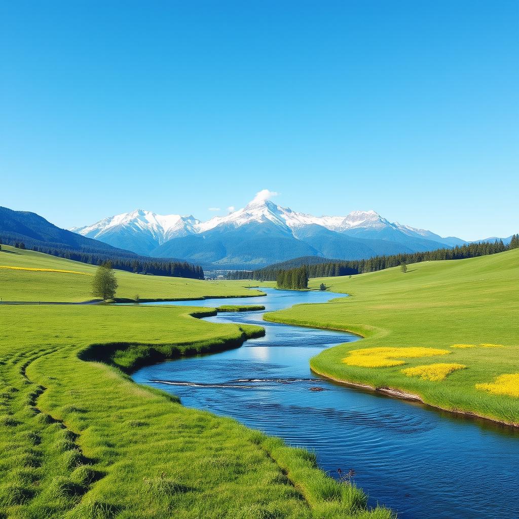 A beautiful, serene landscape featuring a clear blue sky, lush green meadows, and a calm river flowing through the scene