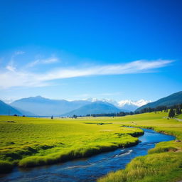 A beautiful, serene landscape featuring a clear blue sky, lush green meadows, and a calm river flowing through the scene