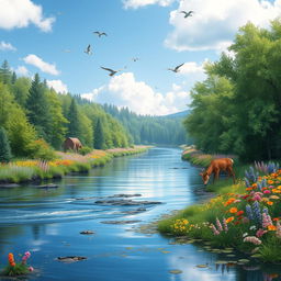 A serene landscape featuring a clear blue sky, a tranquil river flowing through a lush green forest, and a variety of colorful flowers blooming along the riverbanks