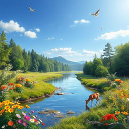 A serene landscape featuring a clear blue sky, a tranquil river flowing through a lush green forest, and a variety of colorful flowers blooming along the riverbanks