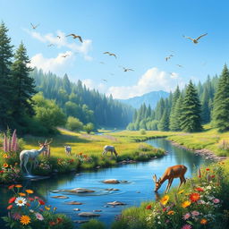 A serene landscape featuring a clear blue sky, a tranquil river flowing through a lush green forest, and a variety of colorful flowers blooming along the riverbanks